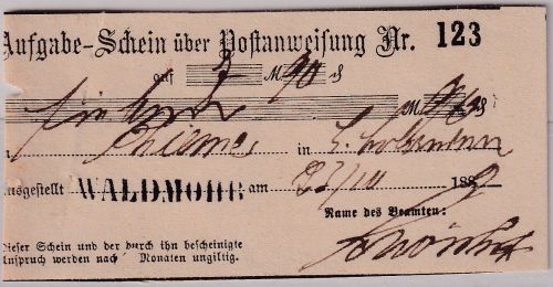 Bayern - Waldmohr L1 kl. Aufgabeschein f. Postanweisung 1882