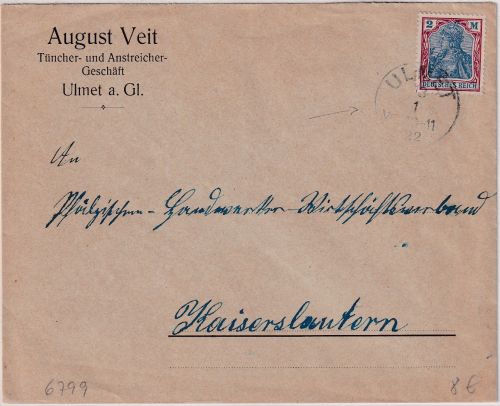DR - 2 M. Germania Firmenbrief K1 Ulmet - Kaiserslautern 1922