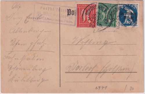 DR - Dittweiler T. Altenkirchen Pfalz Posthilfstelle-Ra3 Karte n. Nortorf 1922