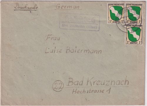 FZ/Allg. - 3x1 Pfg. Wappen Drucksache Hachenbach ü. Lauterecken 28.2.46