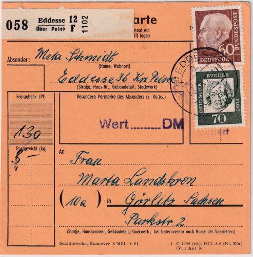 BRD - 60+70 Pfg Heuss II/Bed. Deutsche Paketkarte Eddesse ü. Peine Pst I 1962