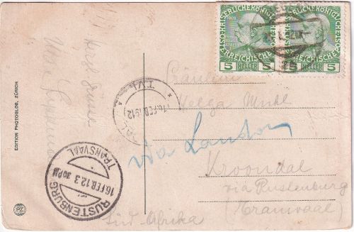 Österreich - 2x5 H. Franz-Joseph Karte n. TRANSVAAL Bregenz - Kroondal 1912