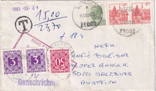 Österreich - 2x3 S. u.a. Portomarken Brief Sombor - Salzburg 1983 Nachporto