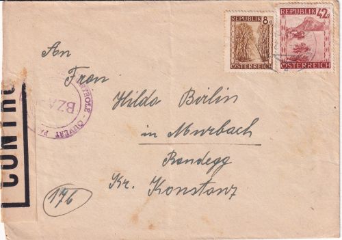 Österreich - 42+8g Landschaften Zensurbrief BZA-I Feldkirch - Ranegg 1946