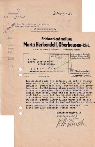 All.Bes. - Oberhausen 15.11.45 Anfrage Auslandshandel m. Briefmarken