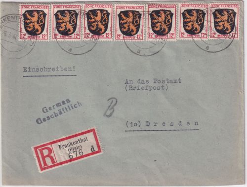 FZ/Allg. - 7x12 Pfg. Wappen Einschreibebrief Frankenthal - Dresden 26.3.46