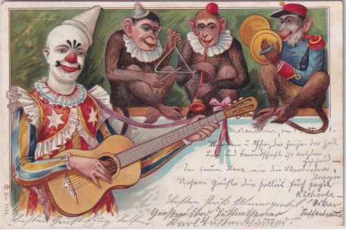 Jux/Comic - Clown u. musizierende Affen farb. AK gelaufen Neuulm 1901
