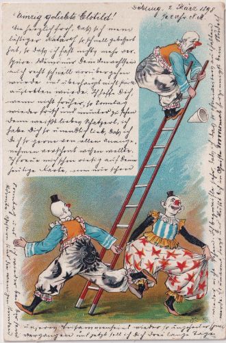 Jux/Comic - Clowns u. Leiter Zirkus farb. Roick-AK gelaufen Wien 1899