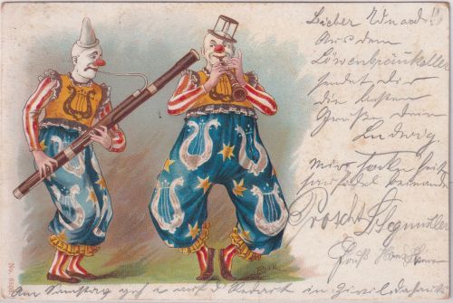 Jux/Comic - Clowns Musikinstrumente Zirkus farb. Roick-AK gelaufen München 1901