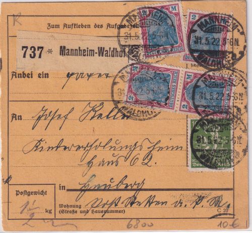 DR - 4x2 M. Germania u.a. Paketkarte Mannheim-Waldhof - Heuberg 1922
