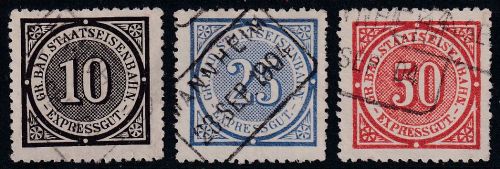 DR - 10+25+50 Pfg. gez. Gr. Bad. Staatseisenbahn Expressgut-Marken Mannheim 1904