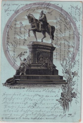 Baden-Württemberg - Mannheim Kaiserdenkmal Mondscheinlitho gelaufen 1903