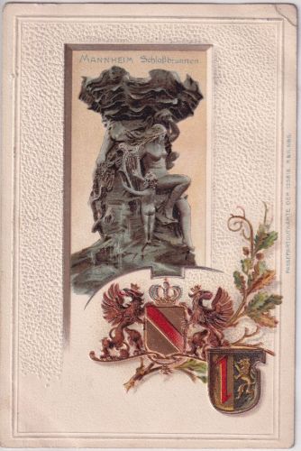 Baden-Württemberg - Mannheim Schlossbrunnen farb. Wappen-Präge-AK gelaufen 1906