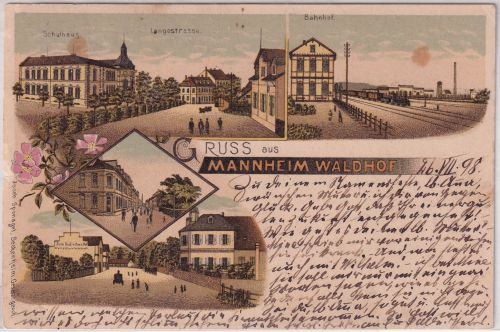 Baden-Württemberg - Mannheim Waldhof Bahnhof etc. farb. Mehrbildlitho 1898