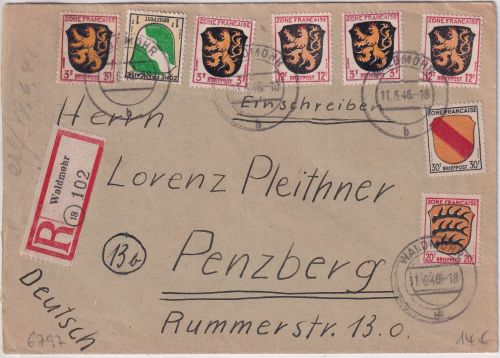 FZ/Allg. - 30 Pfg. Wappen u.a. Einschreibebrief Waldmohr - Penzberg 1946