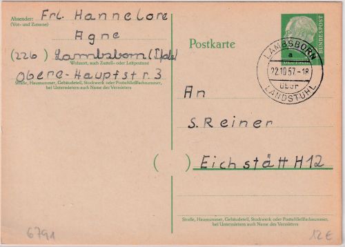BRD - Lamsborn ü. Landstuhl Poststelle I Ganzsache n. Eichstätt 1957