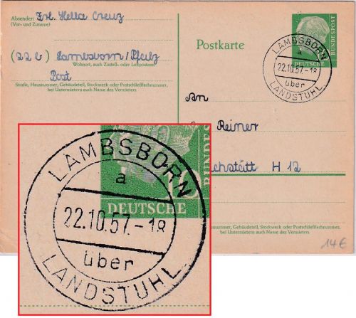 BRD - Lamsborn ü. Landstuhl Poststelle I Ganzsache n. Eichstätt 1957