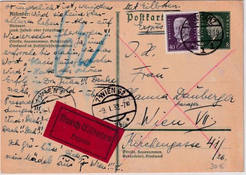 DR - 8 Pfg. Ebert Ganzsache+Zusatz Eilkarte n. ÖSTRREICH Konstanz - Wien 1932