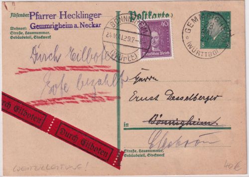 DR - 8 Pfg. Ebert Ganzsache+Zusatz Eilkarte/Weiterleitung Gemmrigheim 1929
