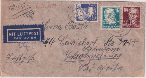 SBZ - 84+16+50 Pfg. Köpfe Luftpostbrief n. SÜDAFRIKA Taucha - Johannesburg 1951