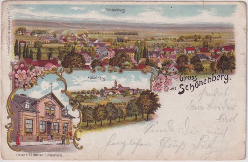 Rheinl.Pfalz - Schönenberg Geschäft Hürter etc. farb Mehrbildlitho gelaufen 1900