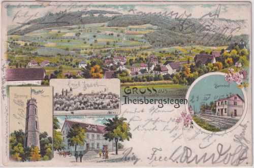 Rheinl.Pfalz - Theisbergstegen Bahnhof etc. farb. Mehrbildlitho gelaufen 1905