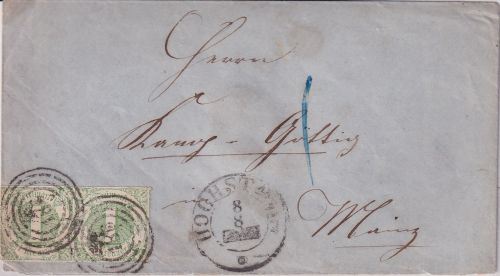 Thurn&Taxis - 1 Kr. dst. Paar Brief Ring 186 Höchst a/M. - Mainz - ohne Inhalt