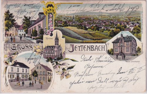 Rheinl.Pfalz - Jettenbach Gasthaus Schulen etc farb. Mehrbildlitho gelaufen 1904