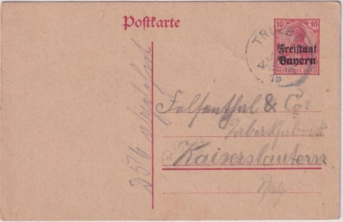 Bayern - 10 Pfg Germania/Freistaat Ganzsache K1 Trulben - Kaiserslautern 16.6.19