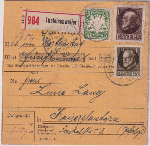 Bayern - 1 M. Ludwig + 5 Pfg. Wappen u.a. Wertpaketkarte Thaleischweiler 1920