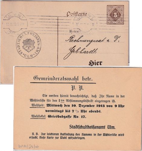 Württemberg - 3 Pfg Ganzsache priv. Zudruck/Gemeinderatswahl Ulm 1913