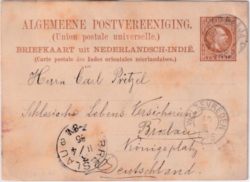 Niederl. Indien - 7 1/2 C. Wilh.II Ganzsache Soerabaja - Breslau 1885