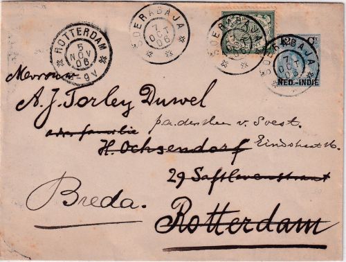 Niederl. Indien - 12 1/2 C. Überdruck Ganzsache+Zusatz Brief Soerabaja 1906