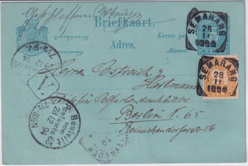Niederl. Indien - 5 C. Ziffer Ganzsache+Zusatz Semarang - Berlin N65 1894