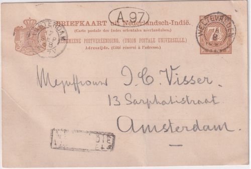 Niederl. Indien - 7 1/2 C. Ziffer Ganzsache Weltevreden - Amsterdam 1888