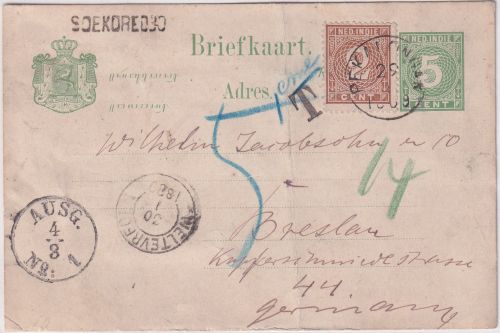 Niederl. Indien - 5 C. Ziffer Ganzsache+Zusatz L1 Soekoredjo - Breslau 1889