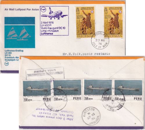 Isle of Man - 2x5 1/2 P 200 J. USA Zuleitungspost LH-Erstflug Kingston Lima 1976