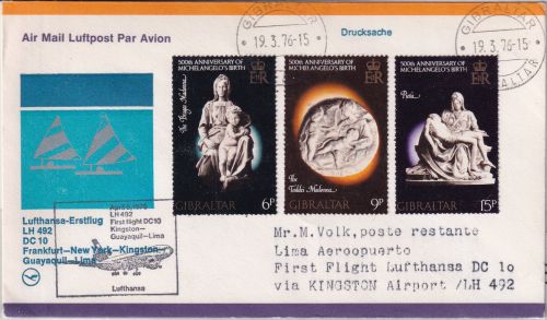 Gibraltar - 500. Geb. Michelangelo Zuleitungspost LH-Erstflug Kingston Lima 1976