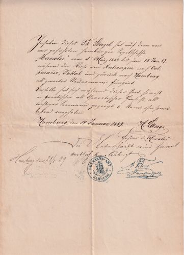 DR - Hamburg 1889 Seemanns-Zeugniss (2. Steuermann) Segelschiff Mercator