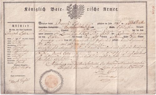 Bayern - Kgl. Bayer. Armee Abschiedsurkunde 3. Linien-Inf.Rgt. Augsburg 1814
