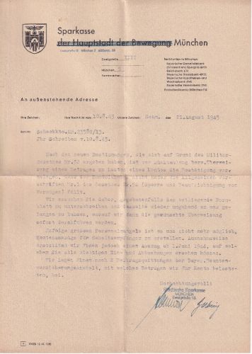 All.Bes. - München 21. Aug 1945 Schreiben/Kontoauszüge Geldverkehr