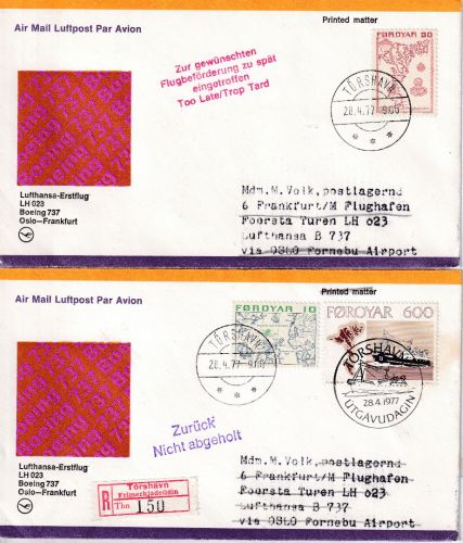 Färöer - Zuleitungspost LH-Erstflug Oslo FFM 1977 1xBrief/1xEinschreibebrief