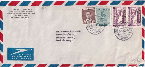 Thailand - Bangkok 1955 Luftpostbrief n. Frankfurt a/M "Nachträglich entwertet"
