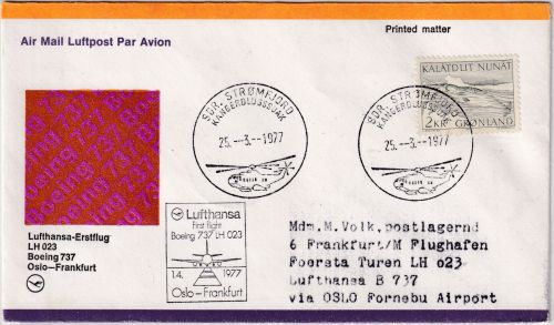 Grönland - 2 Kr. Narwal Zuleitungspost LH-Erstflug Oslo Frankfurt a/M 1977