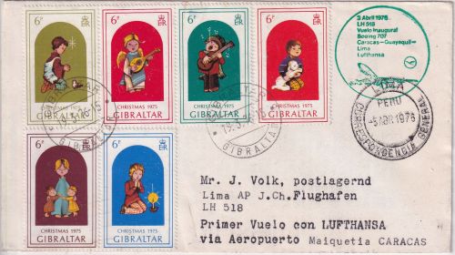 Gibraltar - Weihnachten 1975 Satz Zuleitungspost LH-Erstflug Caracas - Lima 1976