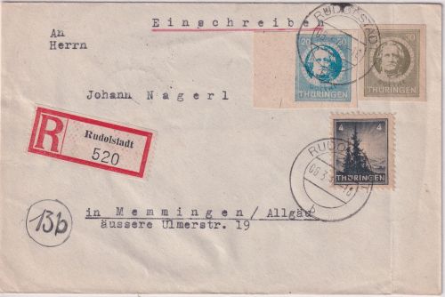 SBZ/Thüringen - 30+20 Pfg. Goethe geschn. u.a. Einschreibebrief Rudolstadt 1946