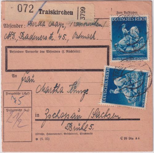 DR - 3x25 Pfg. Wiener Frühjahrsmesse Paketkarte Traiskirchen - Zschopau 1942