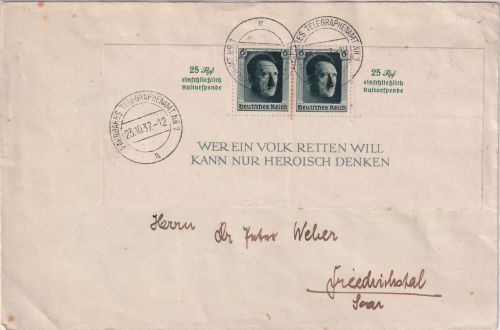 DR - Kulturspende Blockhälfte Brief Fahrbares Telegraphenamt Nr. 1 1937