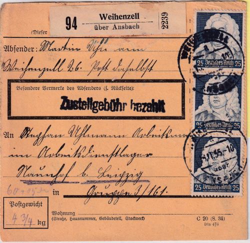 DR - 3x25 Pfg. Händel Paketkarte Weihenzell ü. Ansbach - Naunhof b. Leipzig 1935