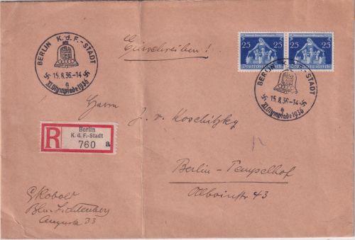 DR - 2x25 Pfg. Gemeindekongress Orts-Einschreibebrief SST Berlin KdF-Stadt 1936